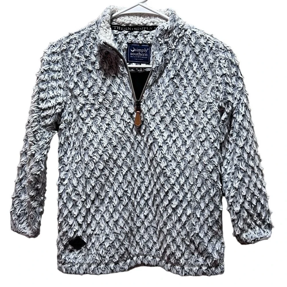Simply Southern Sz Youth Lg YL Gray Textured 1/4 Zip Cozy Jacket Faux Sherpa‎